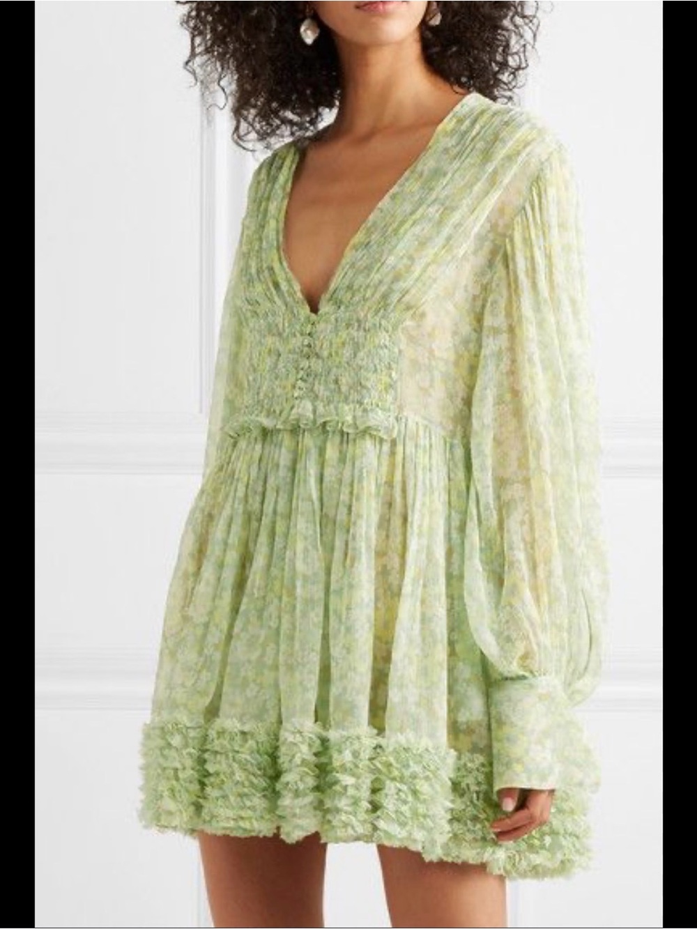 Stella McCartney Sheer Pale Green Floral V-Neck Mini Dress